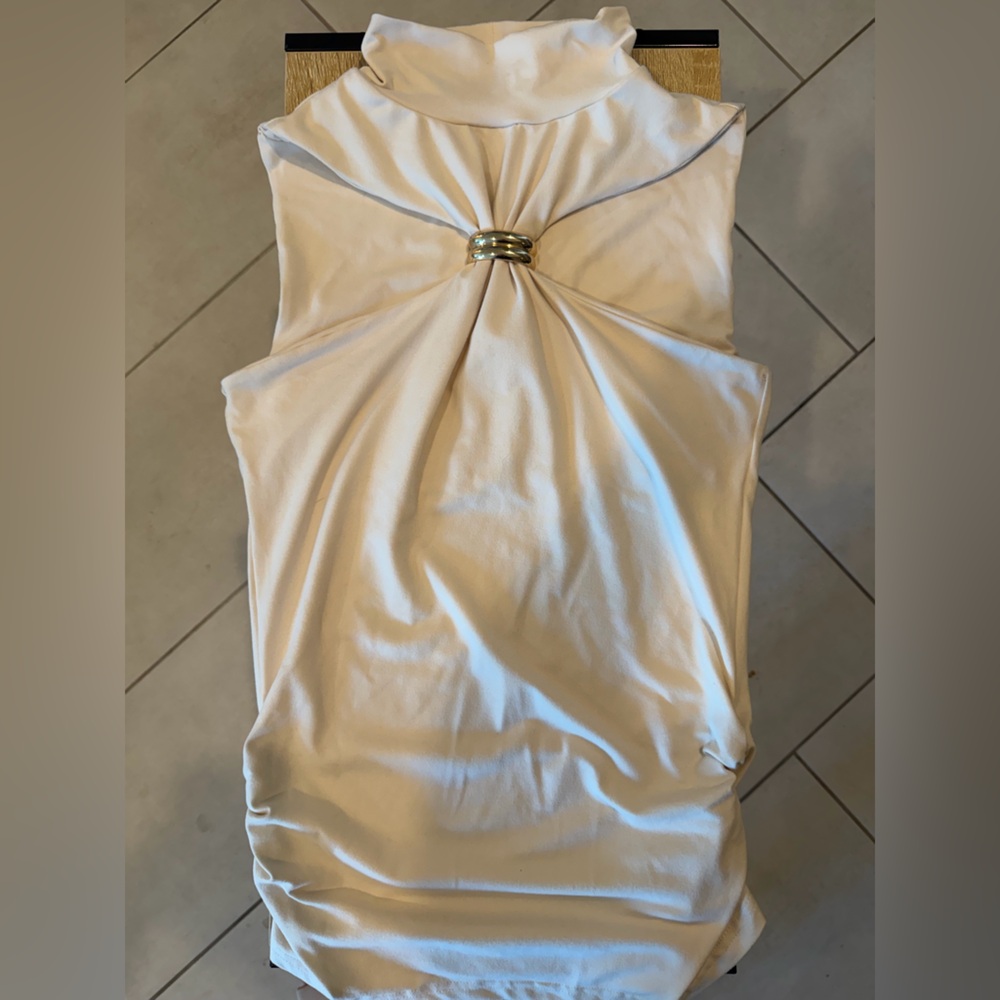 Sleeveless High-Neck Tank Top with Front Ring Detail - White